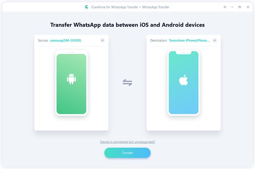 launch icarefone for whatsapp data transfer